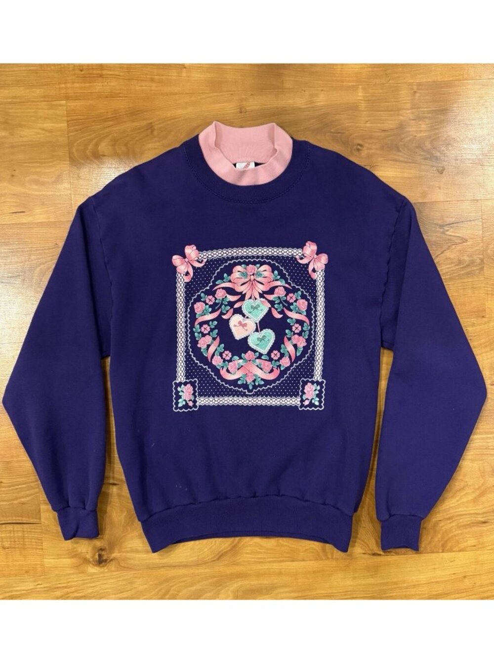 Jerzees Vintage Sweatshirt Purple Crewneck Size M Hearts Roses Ribbon Valentines